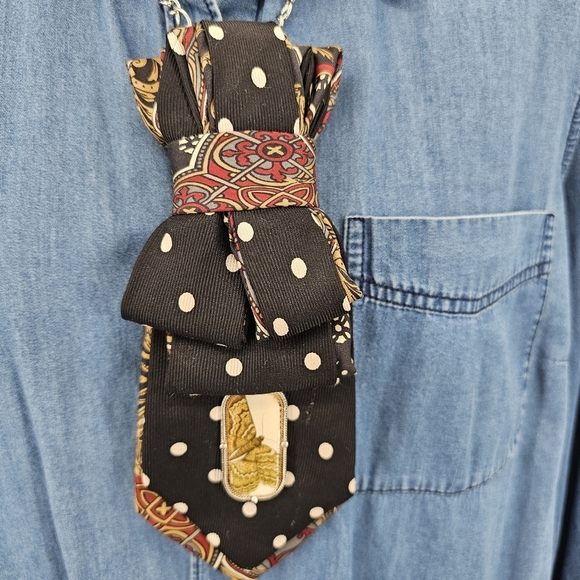 Upcycled Polka Dot Moth Paisley Necktie Necklace - Picture 3 of 3